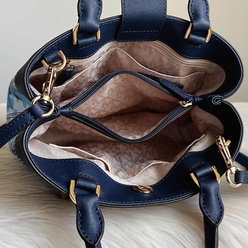 Michael Kors Navy Leather Floral Triple Compartment 2 Way Shoulder Bag Like New