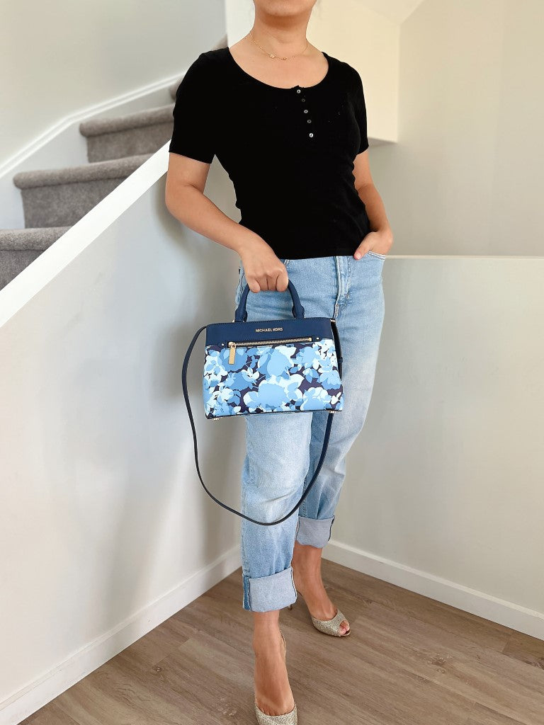 Michael Kors Navy Leather Floral Triple Compartment 2 Way Shoulder Bag Like New