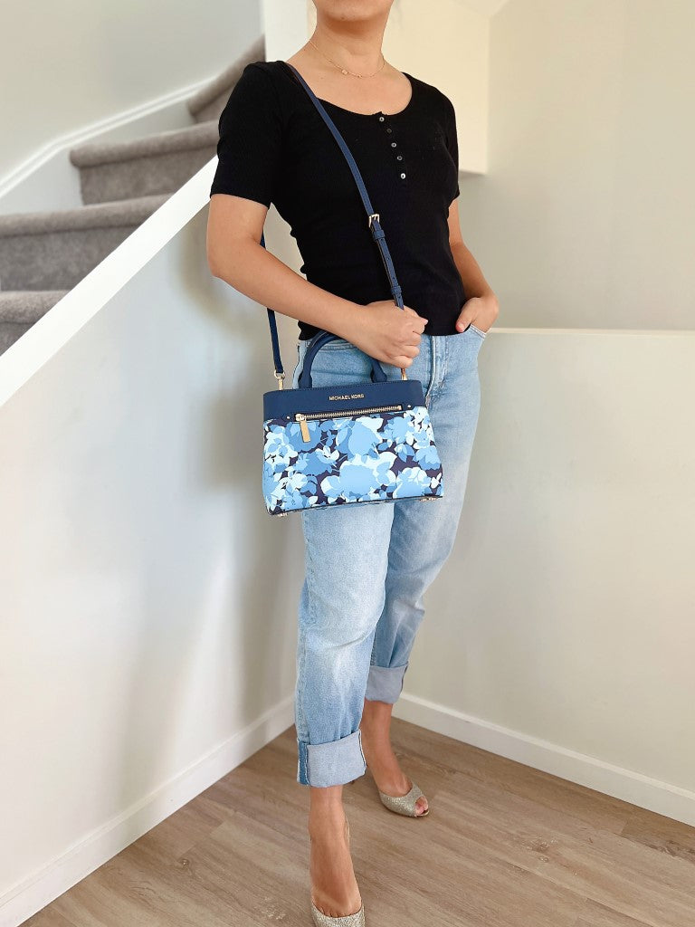 Michael Kors Navy Leather Floral Triple Compartment 2 Way Shoulder Bag Like New