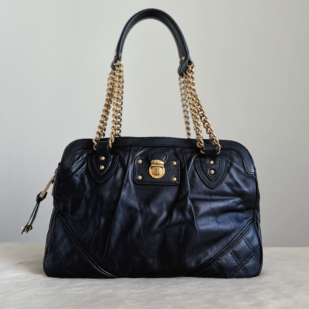 Marc Jacobs Black Leather Chain Detail Triple Compartment Shoulder Bag Excellent