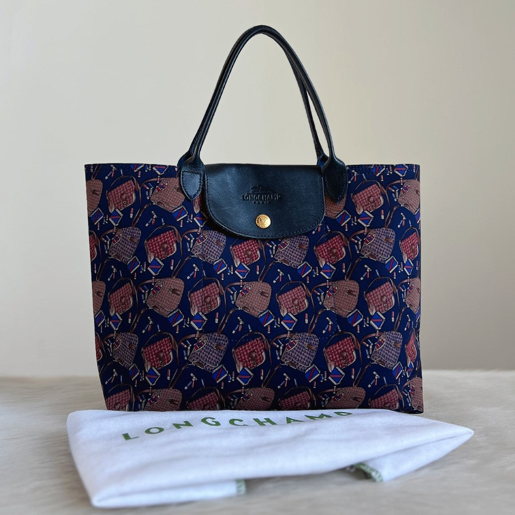 Longchamp Navy Leather Patterned Signature Tote Bag