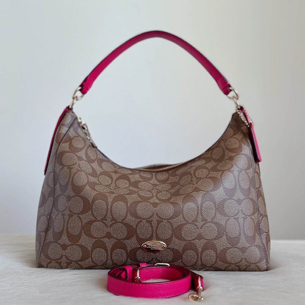 Coach Fuchsia Leather Monogram Slouchy 2 Way Shoulder Bag Excellent