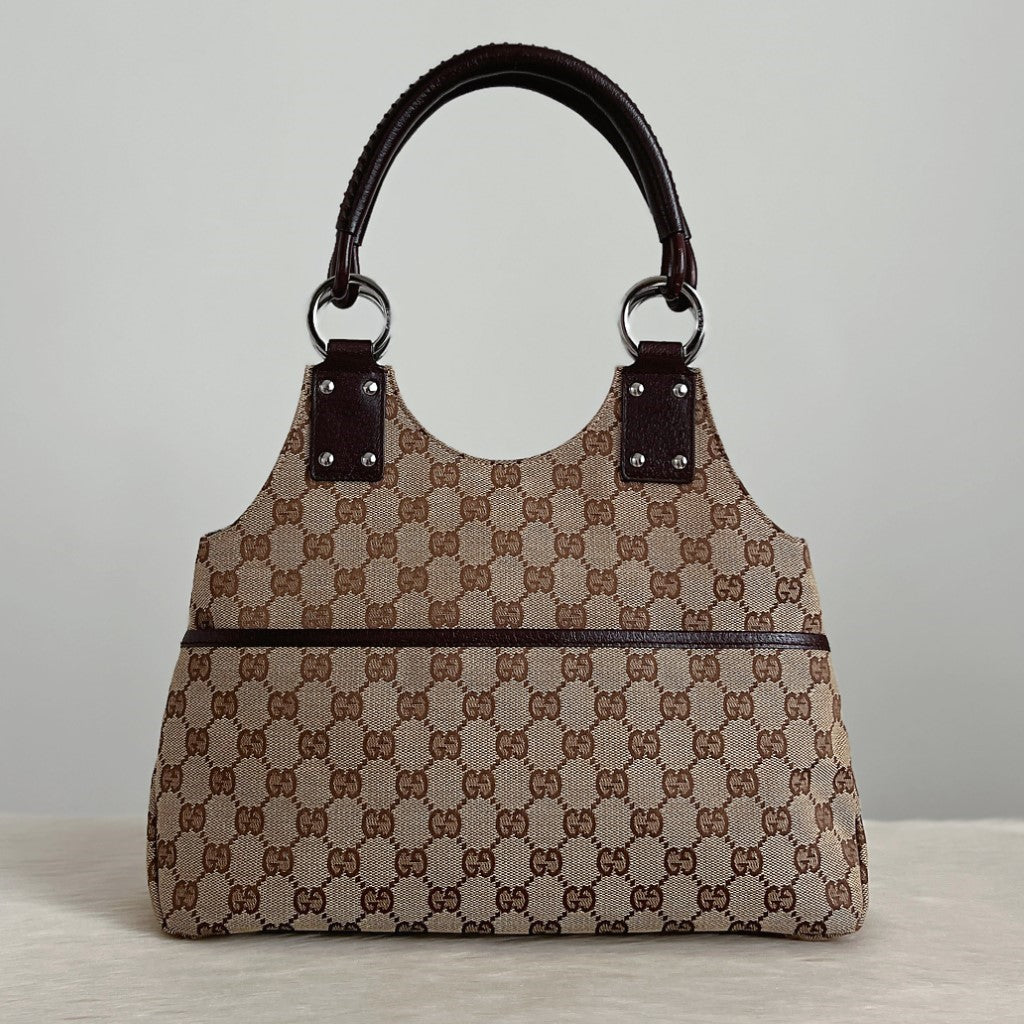 Gucci Brown Leather Trim Double G Monogram Carrall Shoulder Bag Excellent