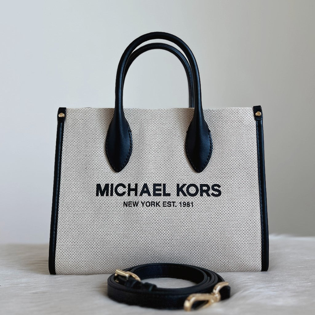 Michael Kors Black Leather Canvas Mini Book Tote 2 Way Shoulder Bag Like New