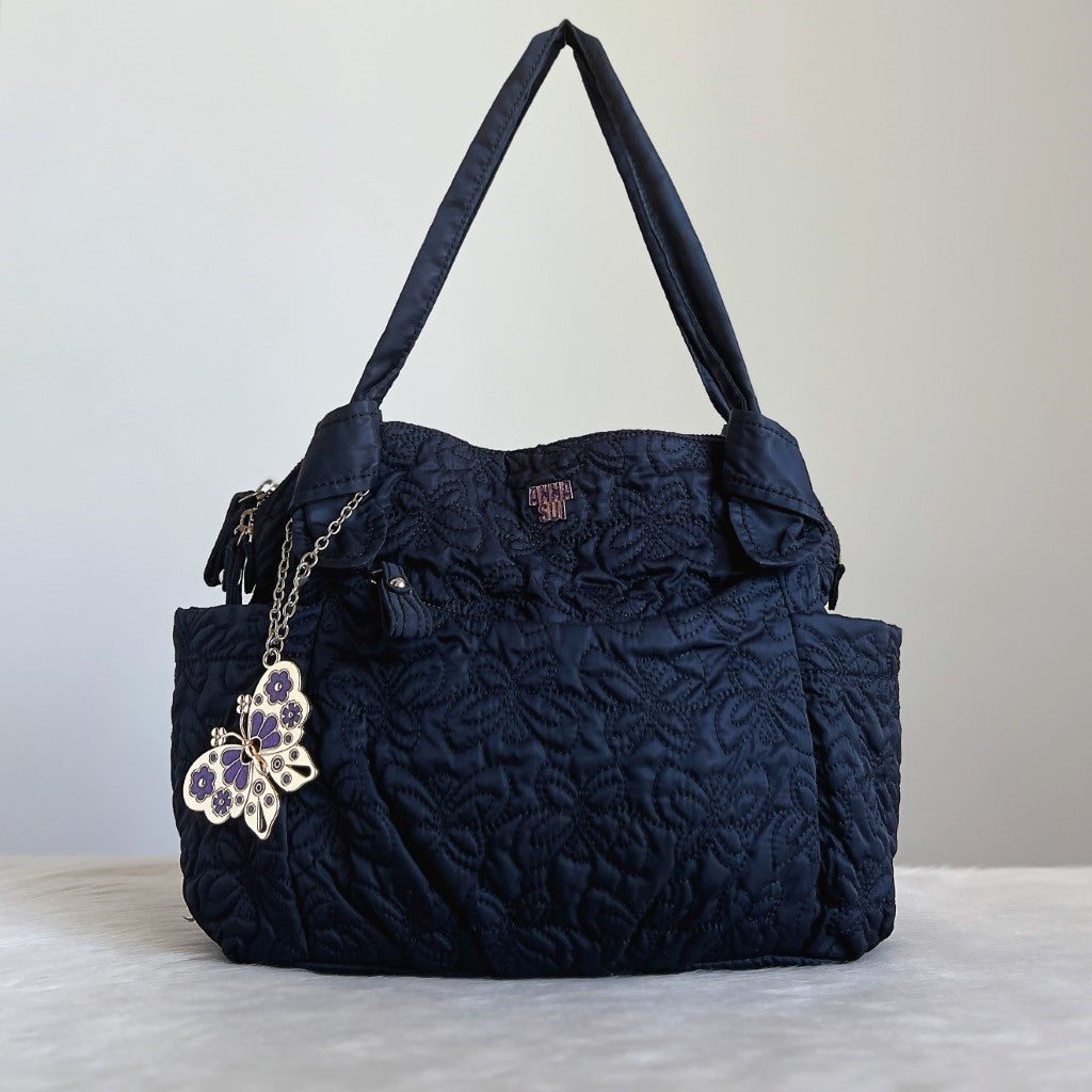 Anna Sui Black Quilted Pattern Carryall Shoulder Bag Excellent