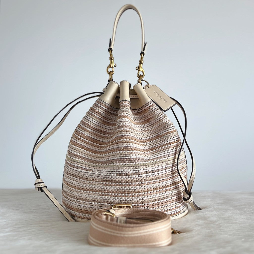 Coach Beige Leather Woven Drawstring Bucket 2 Way Shoulder Bag Excellent