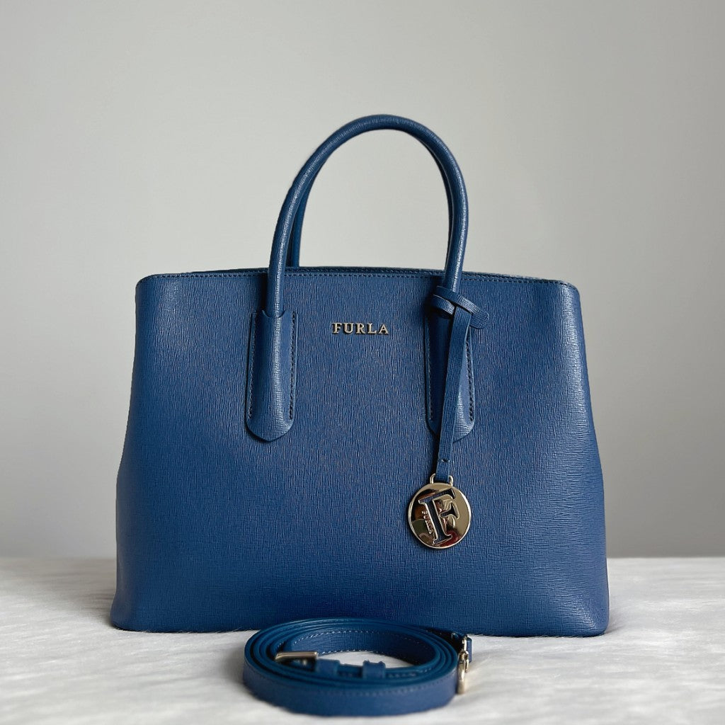 Furla Blue Leather Triple Compartment Career 2 Way Shoulder Bag Like New