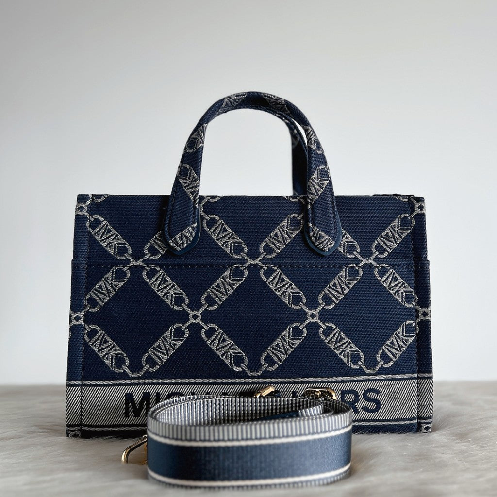 Michael Kors Navy Denim MK Pattern Book Tote 2 Way Shoulder Bag Like New