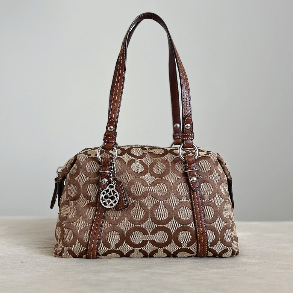 Coach Brown Leather Monogram Small Boston Shoulder Bag Excellent