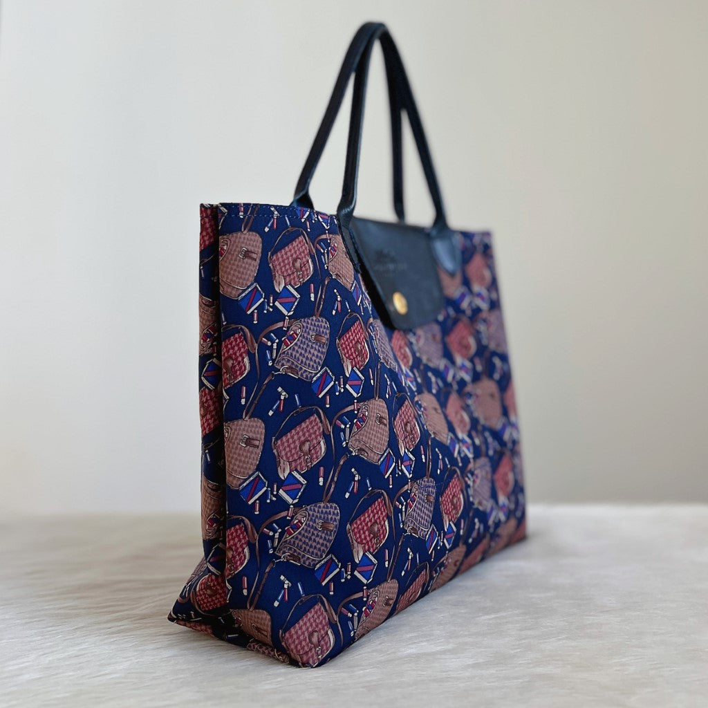 Longchamp Navy Leather Patterned Signature Tote Bag