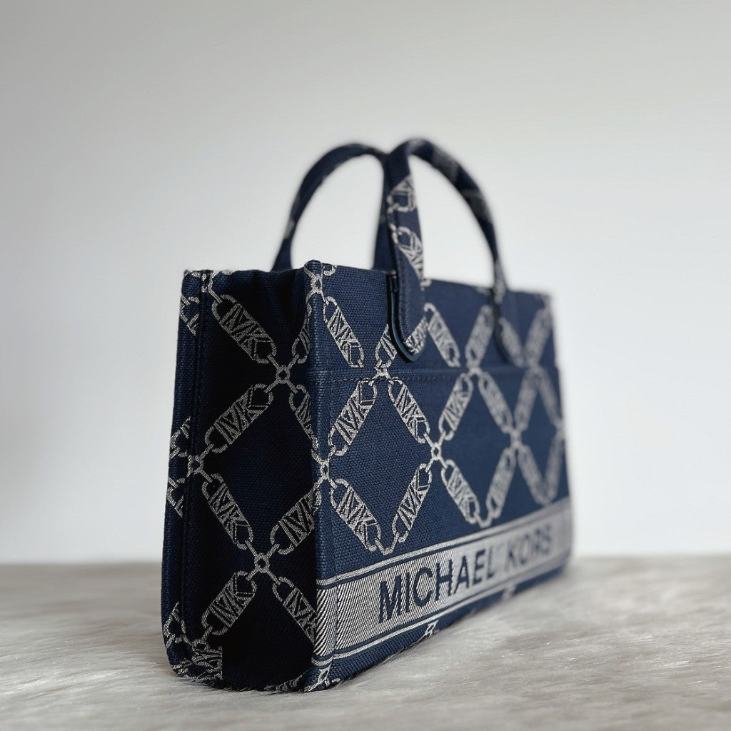 Michael Kors Navy Denim MK Pattern Book Tote 2 Way Shoulder Bag Like New