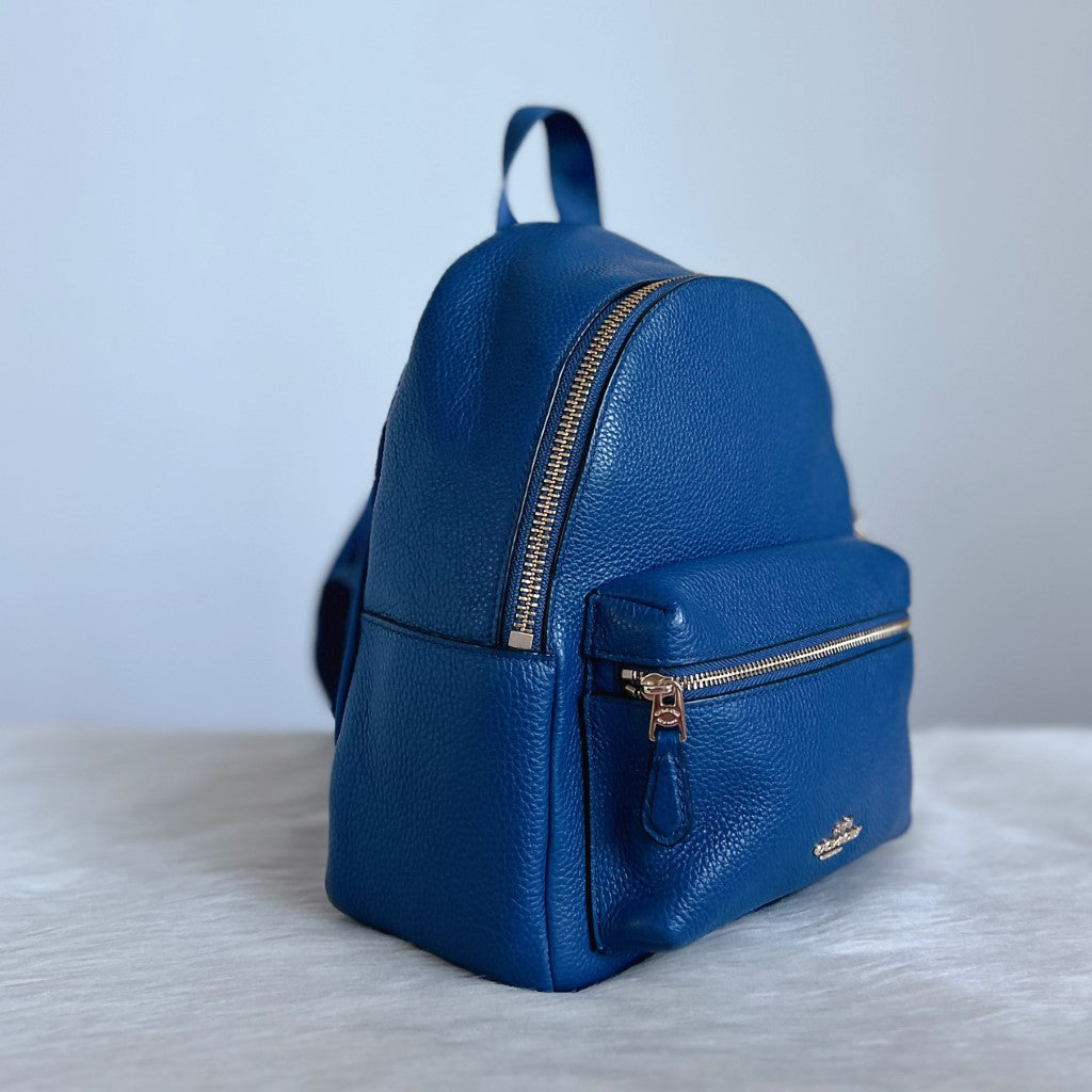 Coach Blue Leather Front Logo Drawstring Mini Backpack Excellent