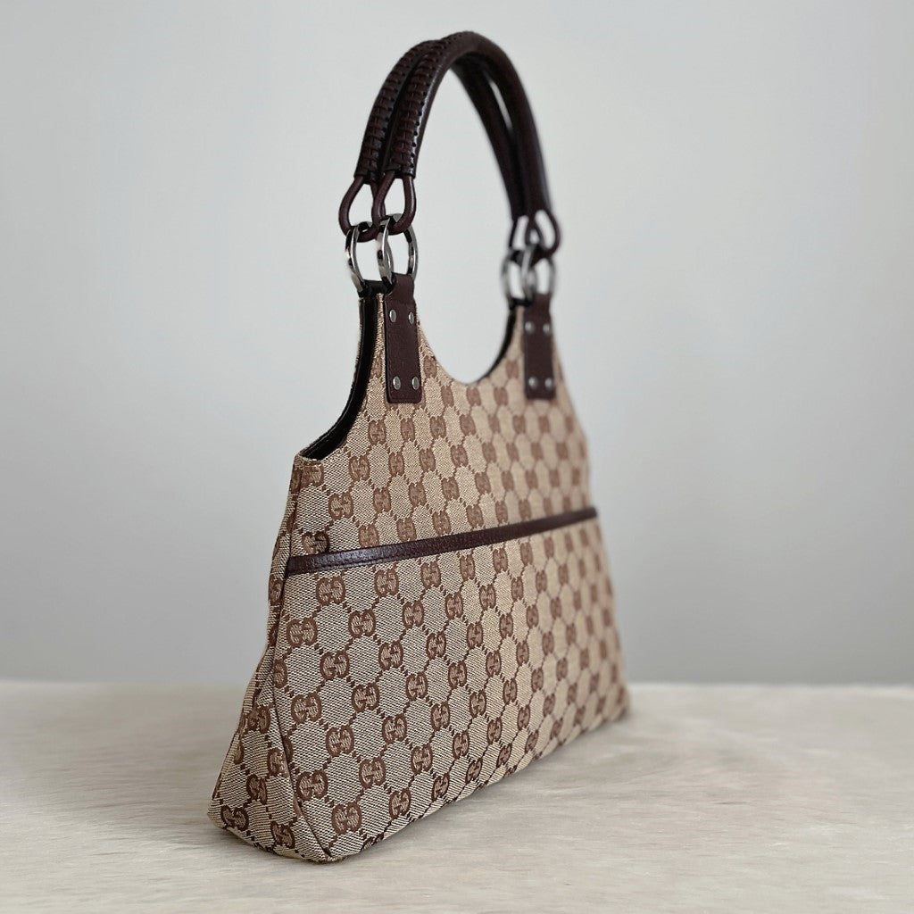 Gucci Brown Leather Trim Double G Monogram Carrall Shoulder Bag Excellent