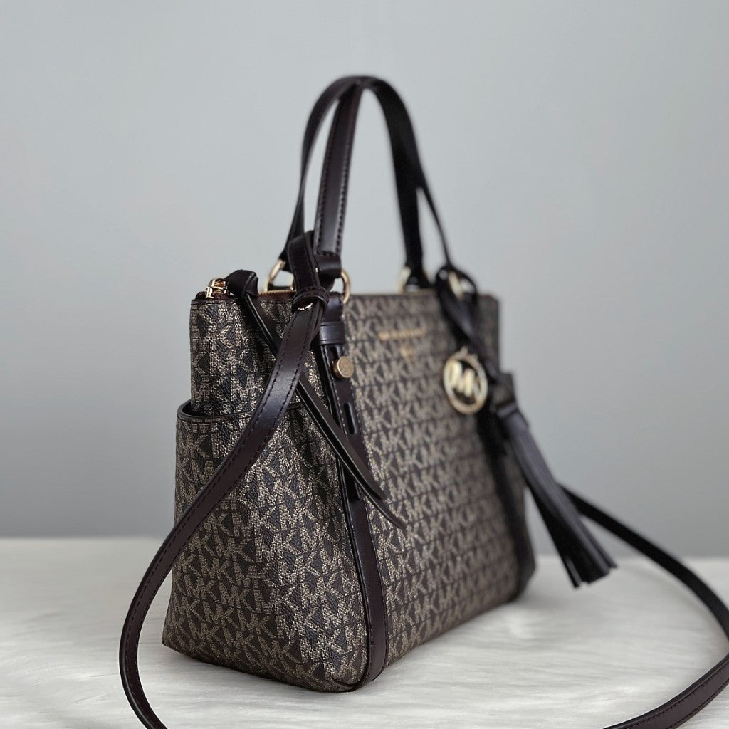 Michael Kors Dark Chocolate Leather Monogram Front Logo 2 Way Shoulder Bag Like New
