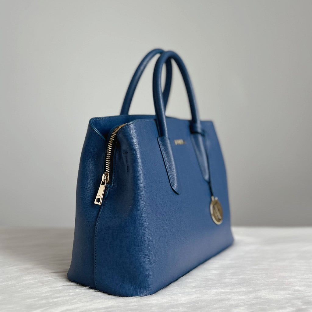 Furla Blue Leather Triple Compartment Career 2 Way Shoulder Bag Like New