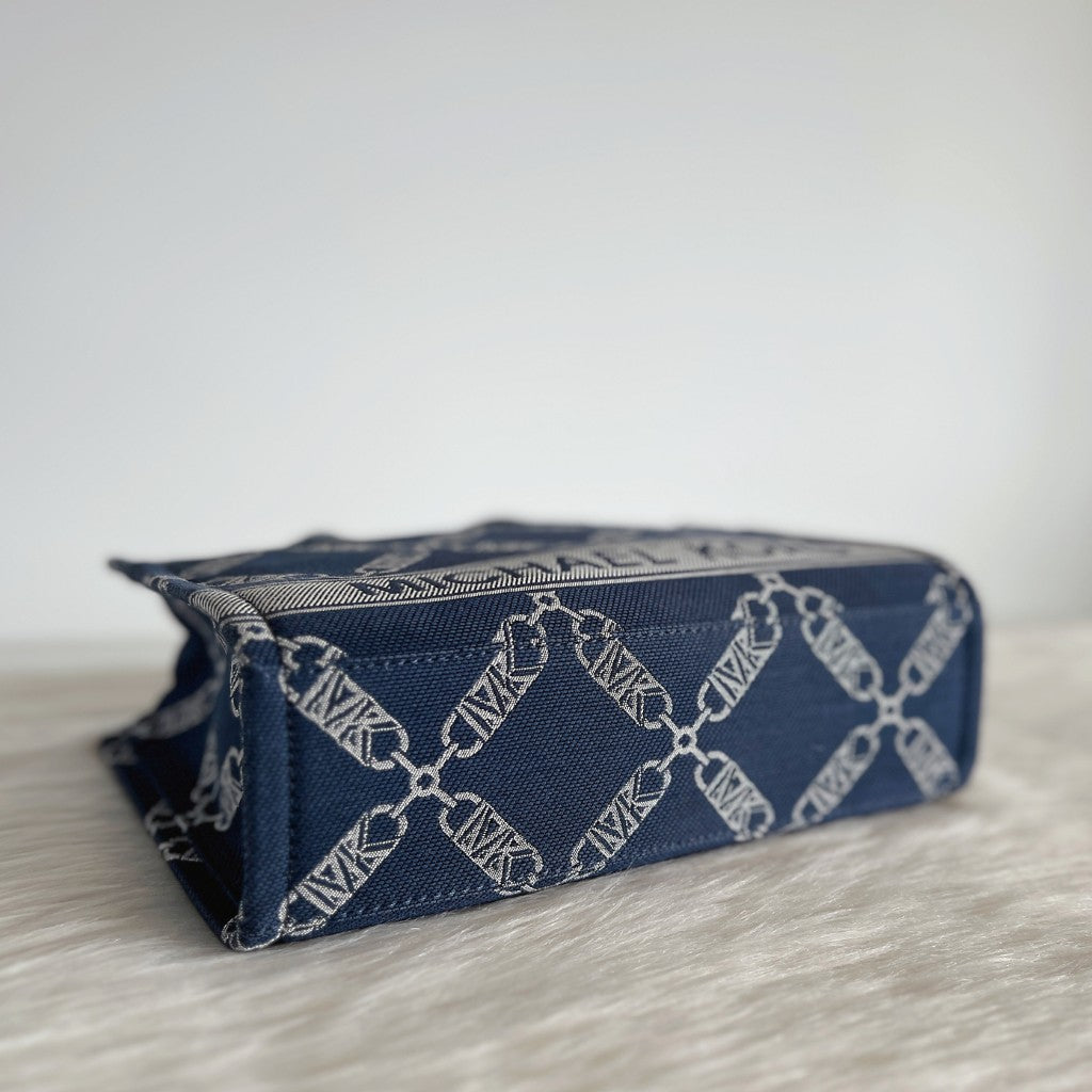 Michael Kors Navy Denim MK Pattern Book Tote 2 Way Shoulder Bag Like New