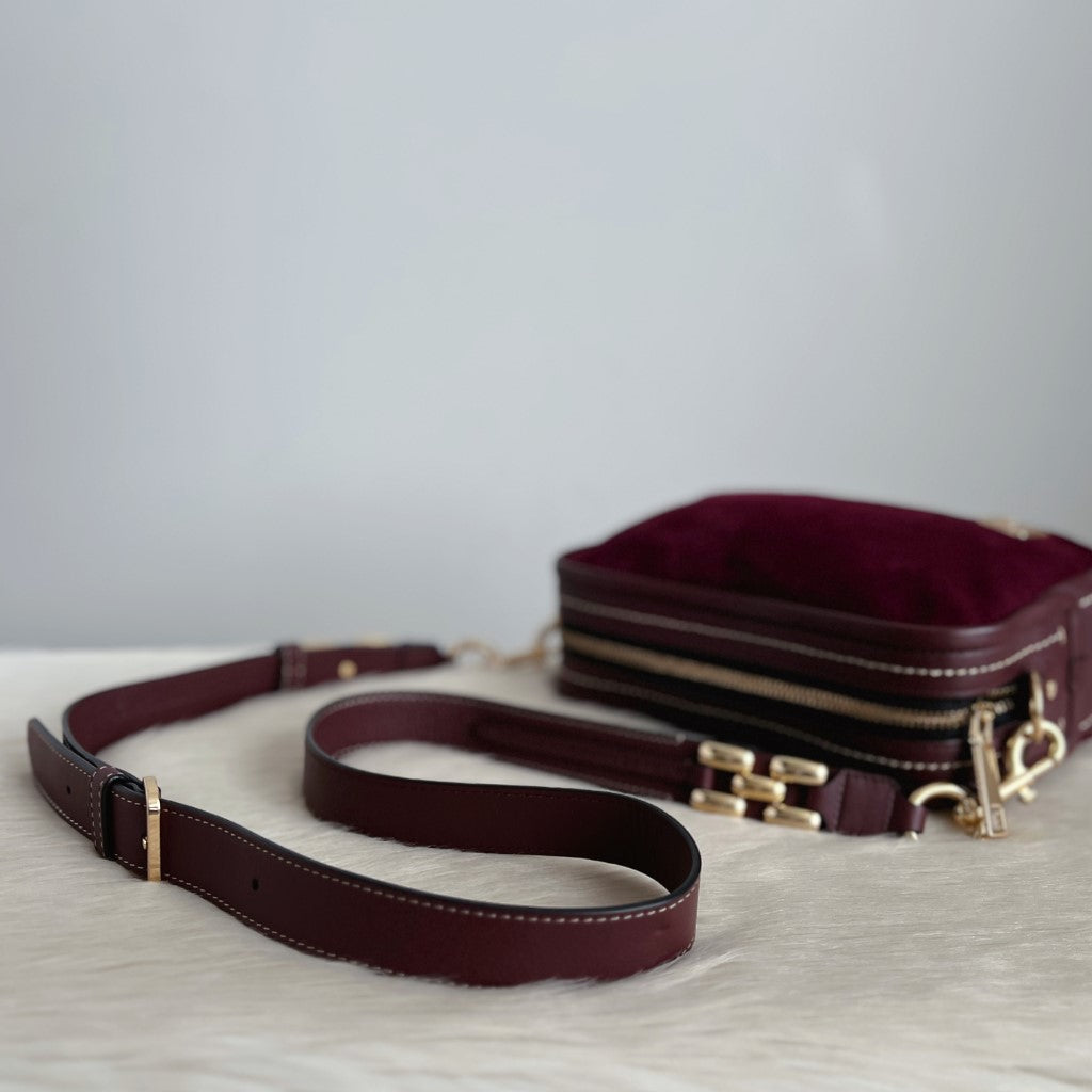 Marc Jacobs Burgundy Leather Suede Patchwork Camera Crossbody Shoulder Bag Excellent