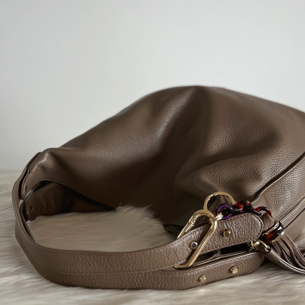Furla Taupe Leather Side Zip Detail Slouchy 2 Way Shoulder Bag Like New