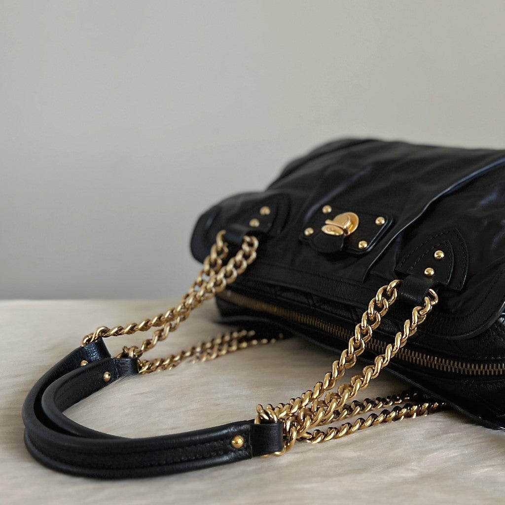 Marc Jacobs Black Leather Chain Detail Triple Compartment Shoulder Bag Excellent