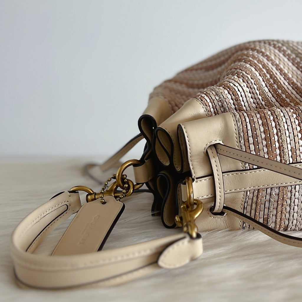 Coach Beige Leather Woven Drawstring Bucket 2 Way Shoulder Bag Excellent