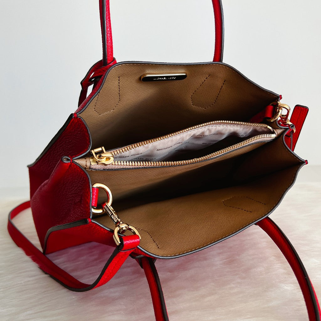 Michael Kors Red Leather Triple Compartment 2 Way Shoulder Bag Like New