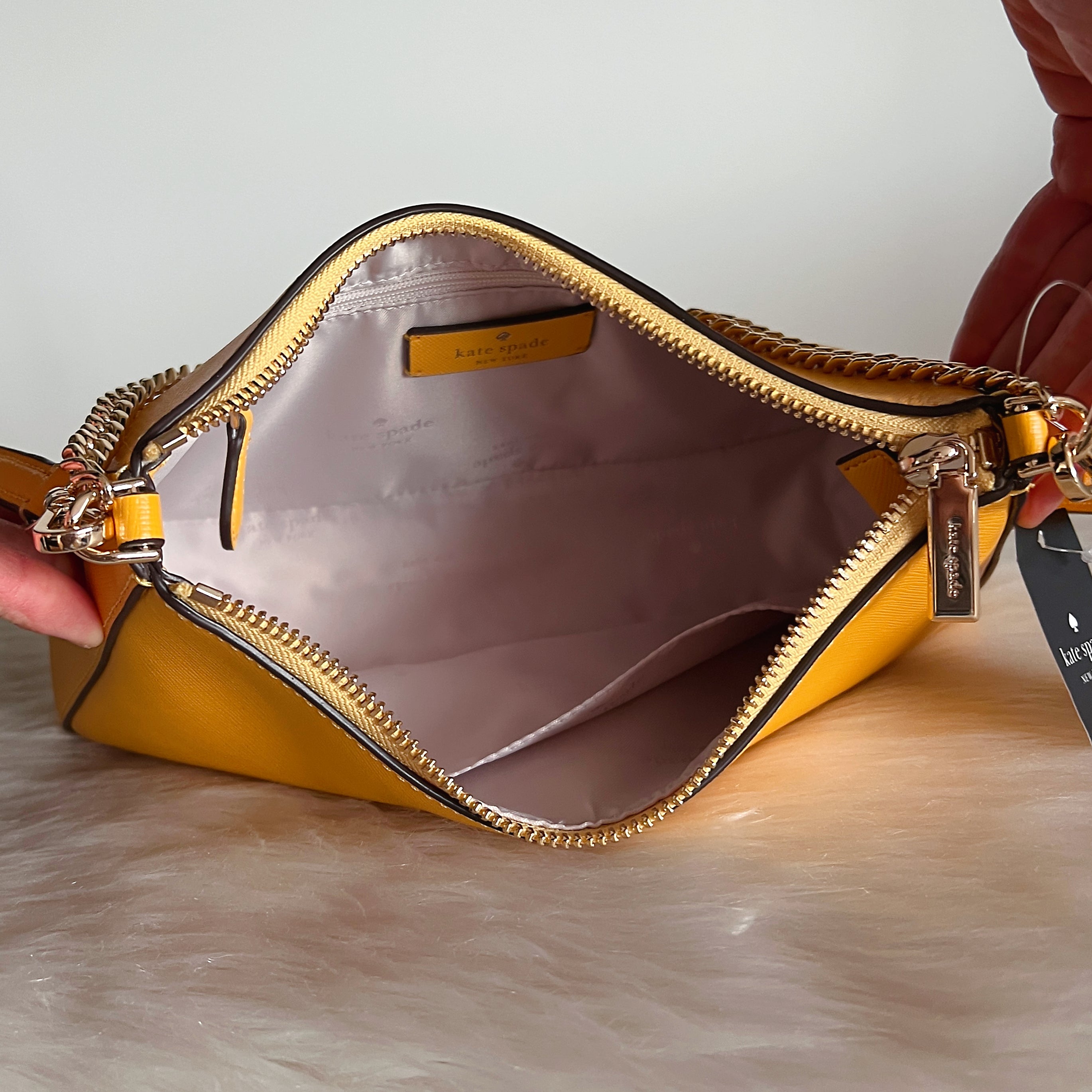 Kate Spade Yellow Leather Front Logo Chain 2 Way Shoulder Bag New with Tags