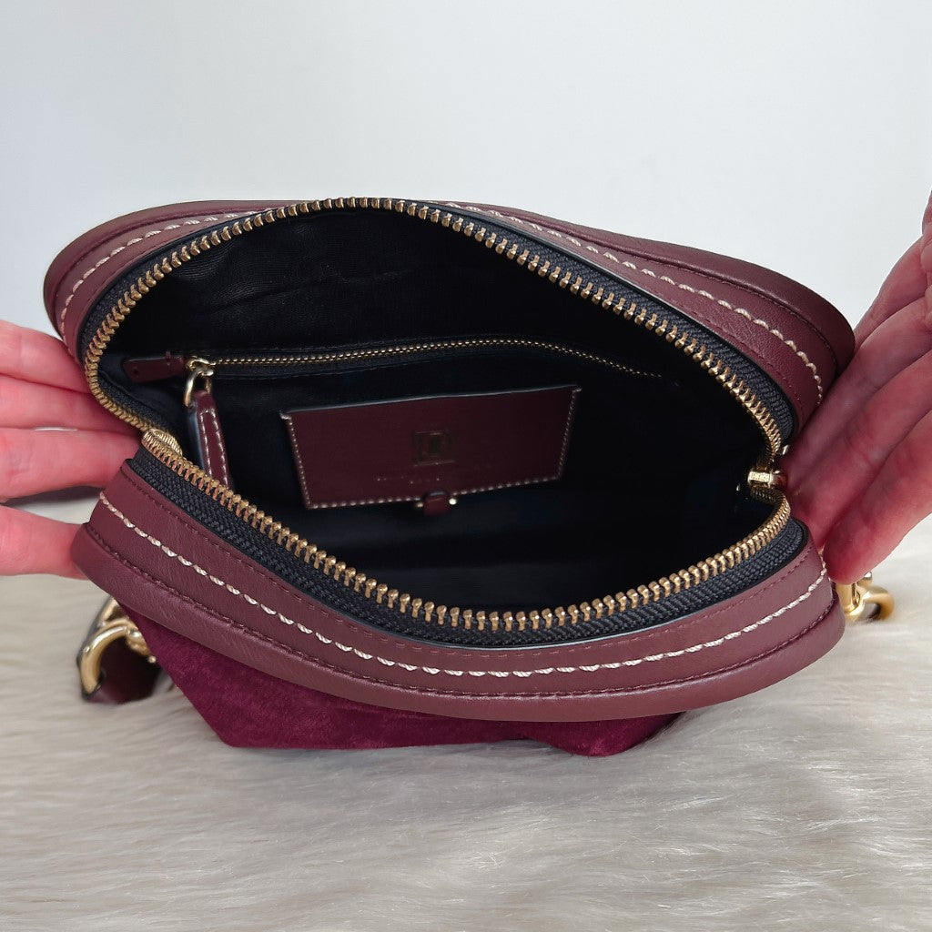 Marc Jacobs Burgundy Leather Suede Patchwork Camera Crossbody Shoulder Bag Excellent
