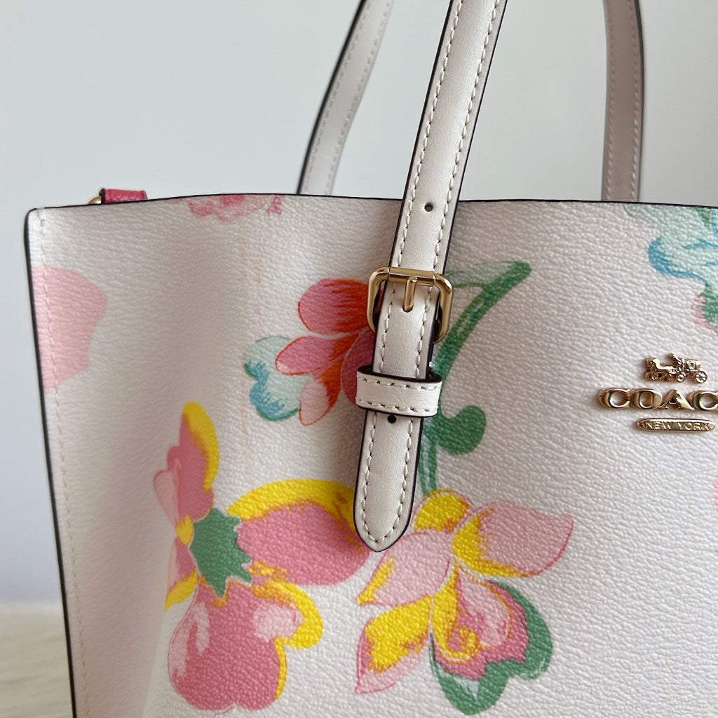 Coach White Leather Front Logo Floral Pattern 2 Way Shoulder Bag