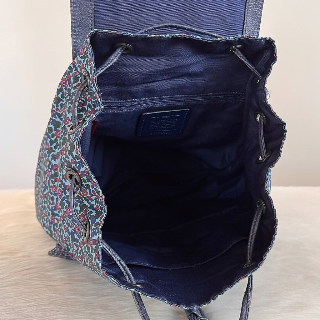 Coach Navy Leather Floral Print Drawstring Backpack