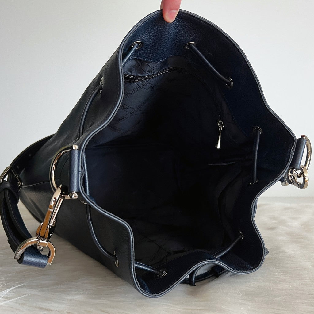 Longchamp Navy Leather Drawstring Bucket Crossbody Shoulder Bag Excellent