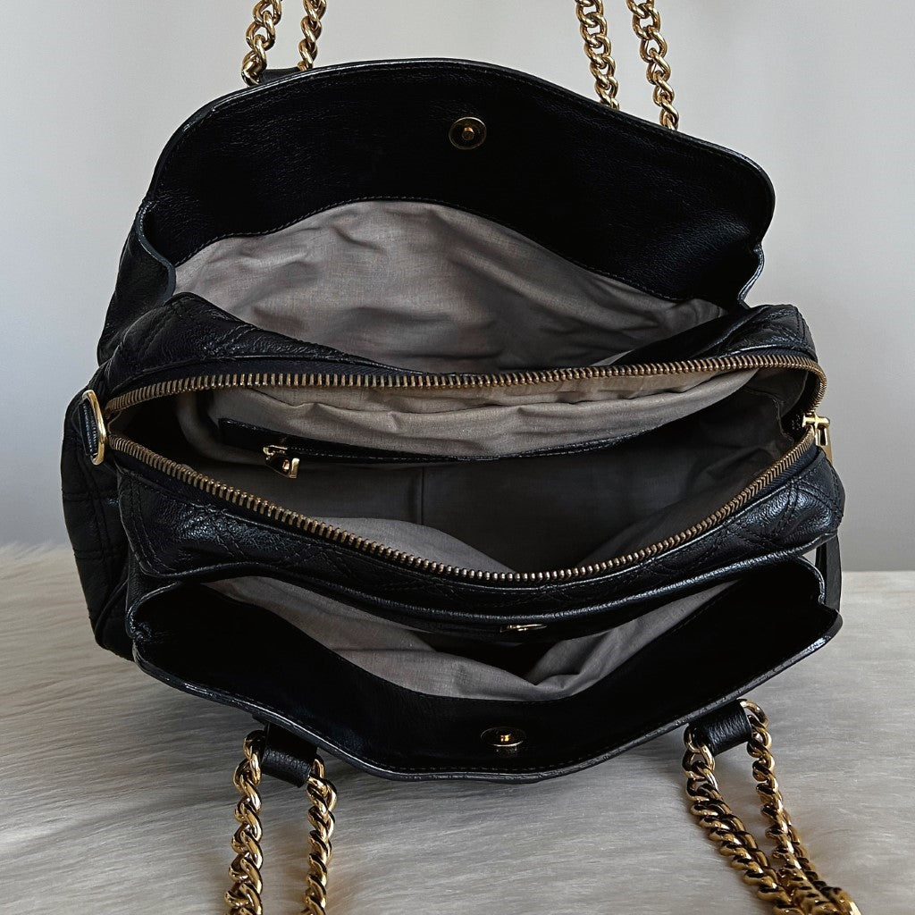 Marc Jacobs Black Leather Chain Detail Triple Compartment Shoulder Bag Excellent