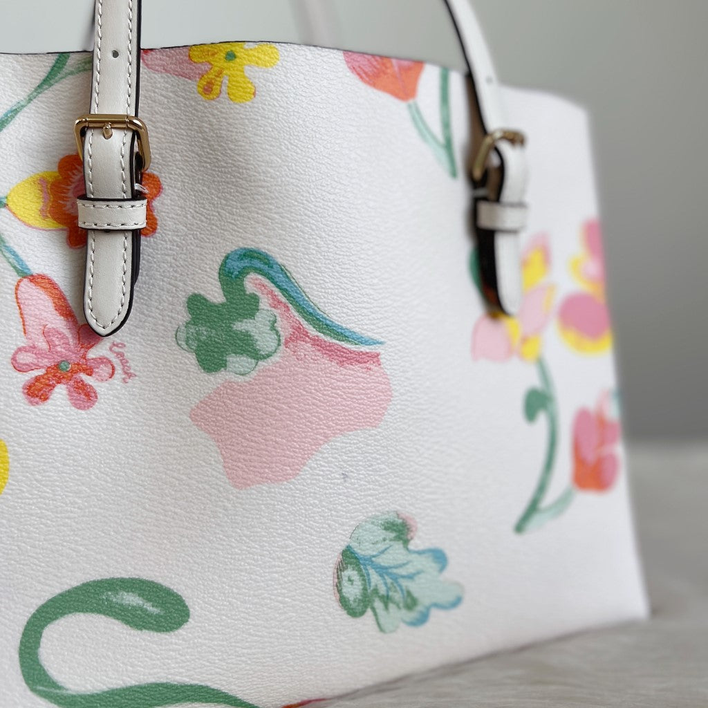 Coach White Leather Front Logo Floral Pattern 2 Way Shoulder Bag