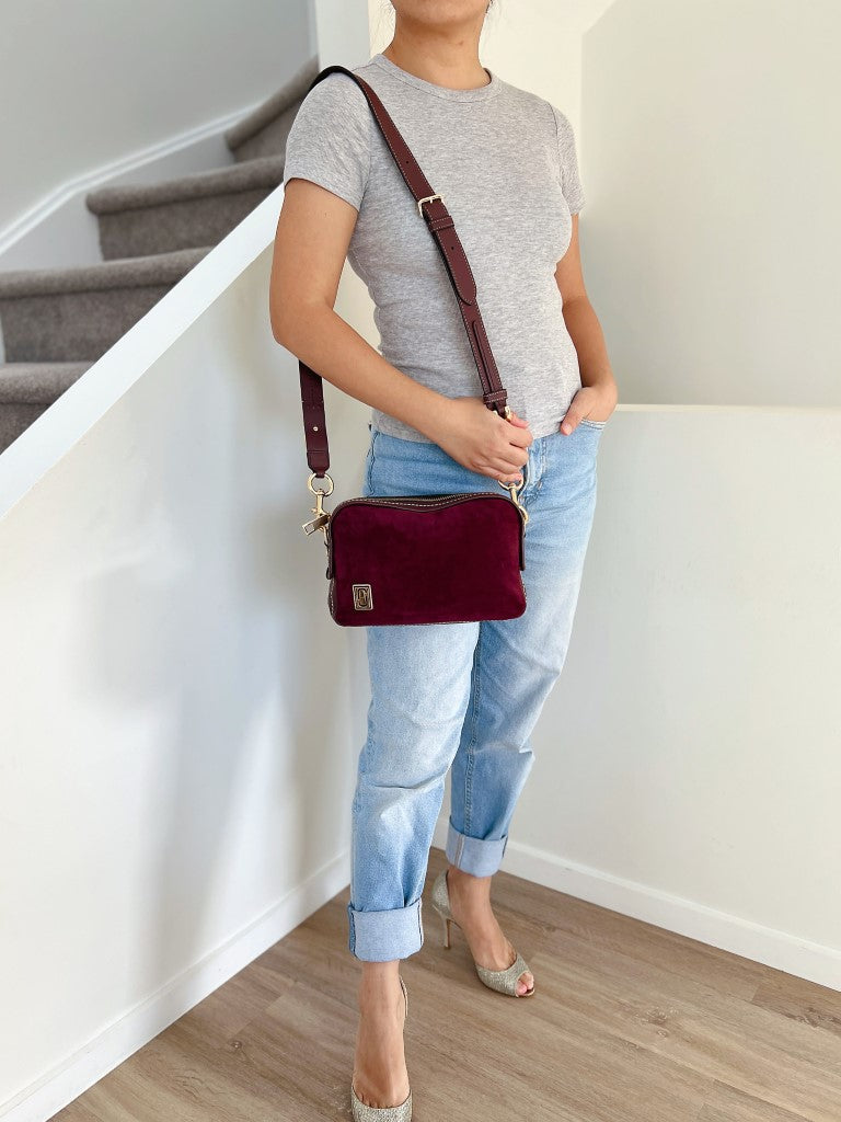Marc Jacobs Burgundy Leather Suede Patchwork Camera Crossbody Shoulder Bag Excellent