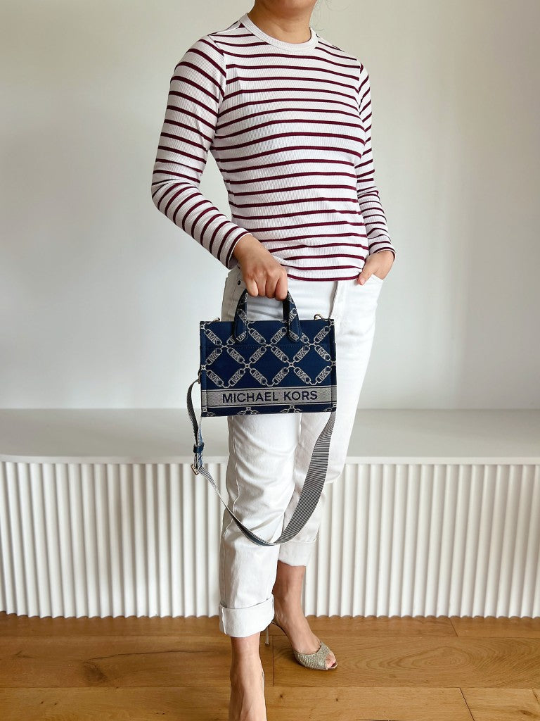 Michael Kors Navy Denim MK Pattern Book Tote 2 Way Shoulder Bag Like New