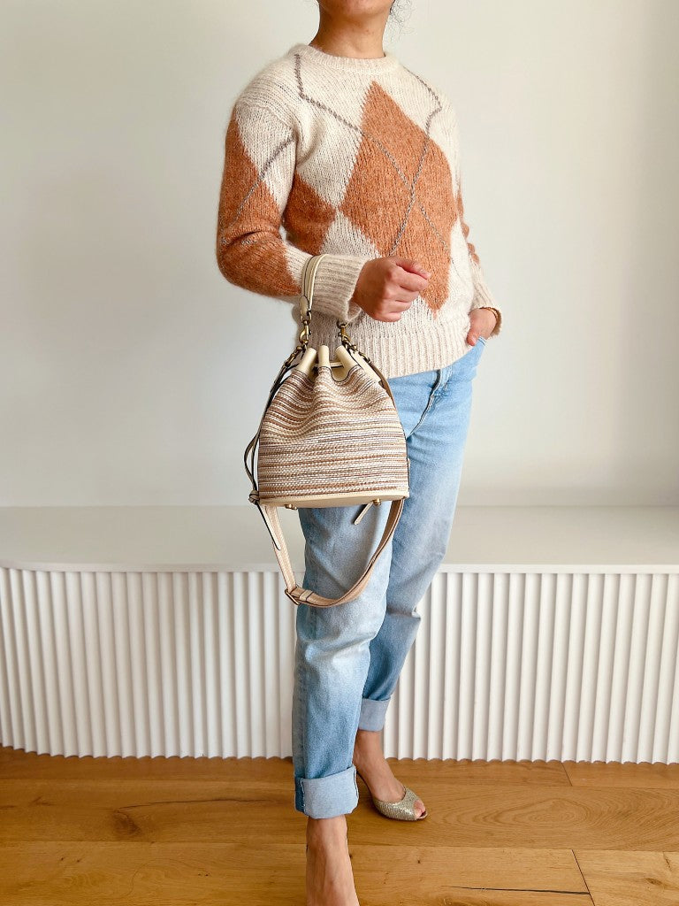 Coach Beige Leather Woven Drawstring Bucket 2 Way Shoulder Bag Excellent