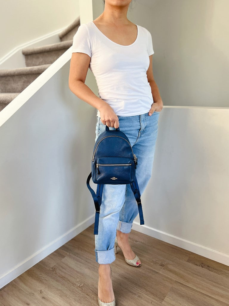 Coach Blue Leather Front Logo Drawstring Mini Backpack Excellent