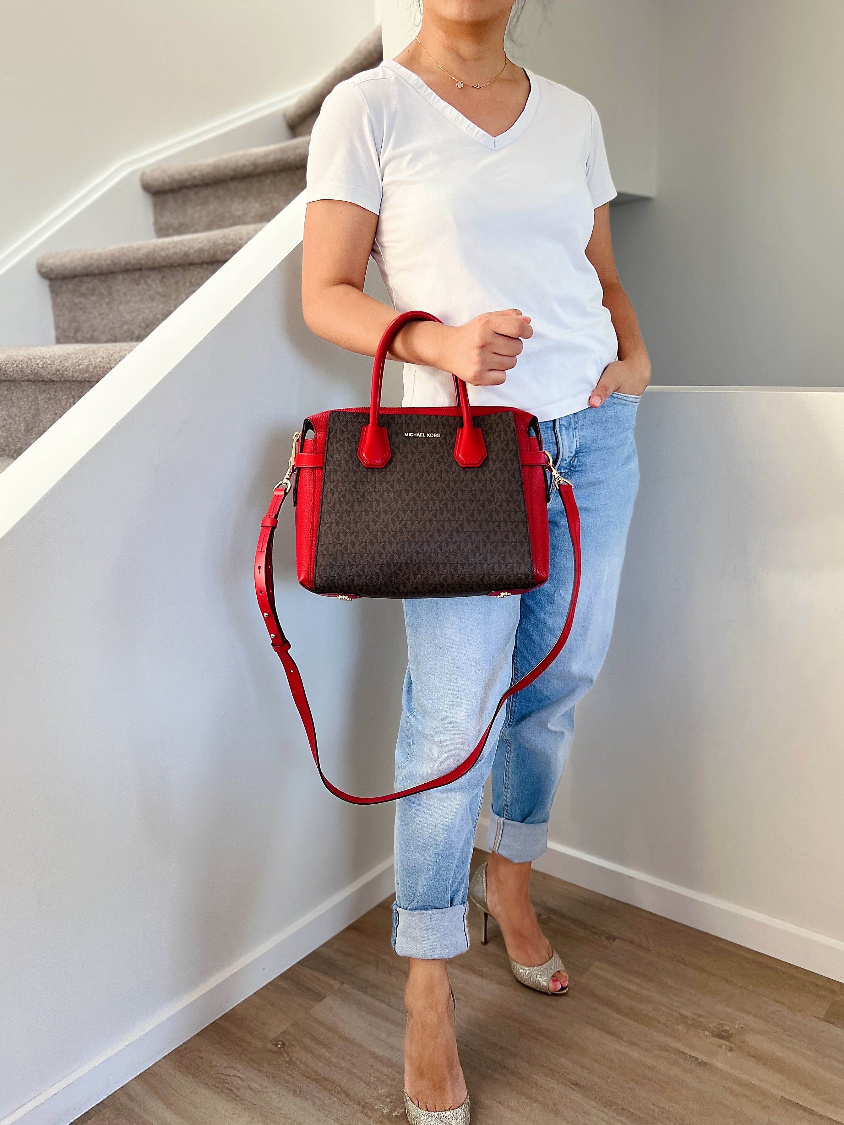 Michael Kors Red Leather Monogram Triple Compartment 2 Way Shoulder Bag Excellent