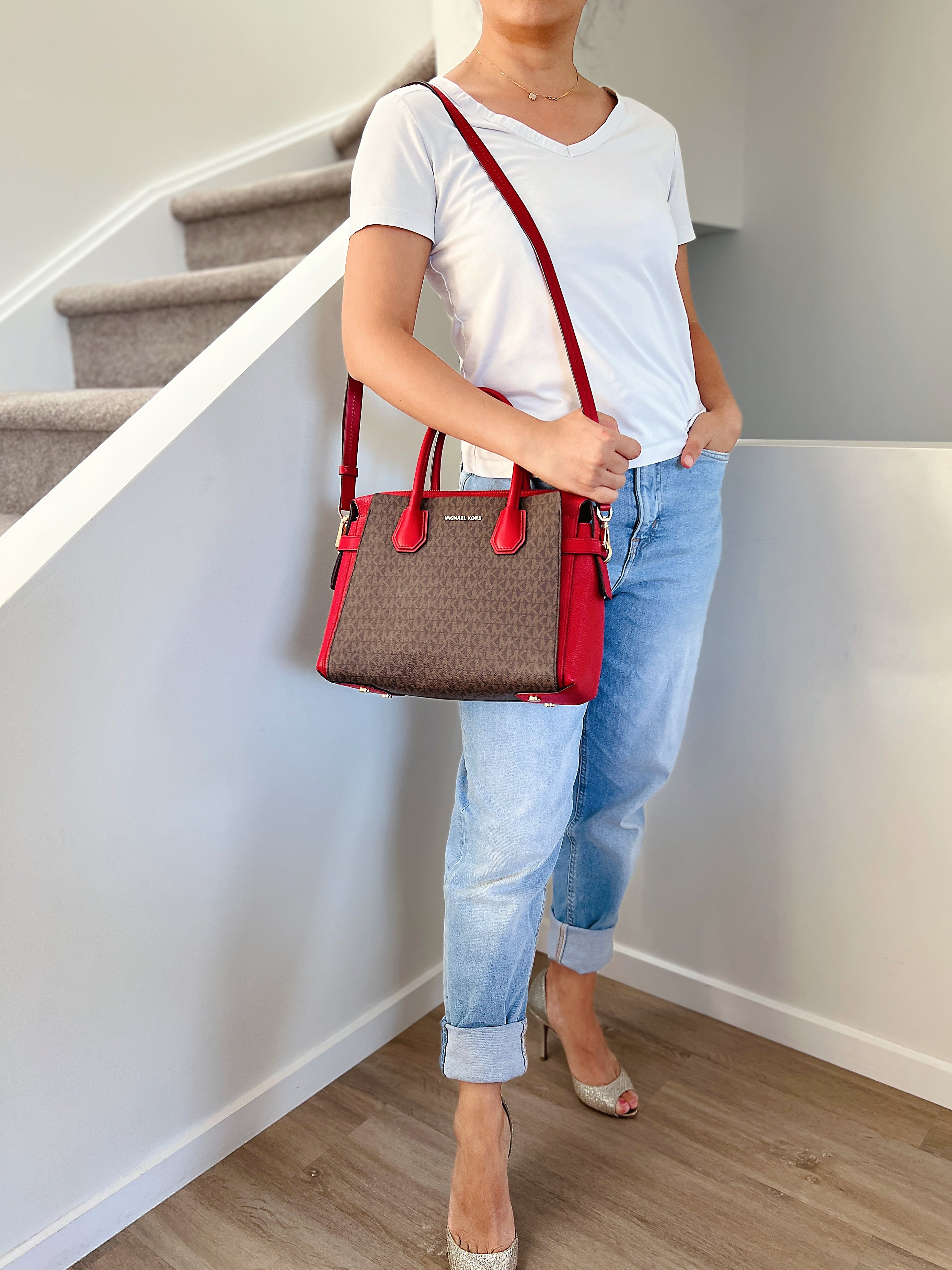 Michael Kors Red Leather Monogram Triple Compartment 2 Way Shoulder Bag Excellent