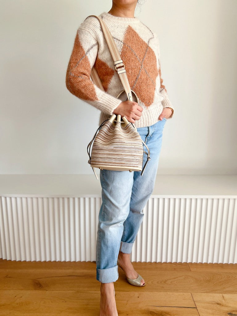 Coach Beige Leather Woven Drawstring Bucket 2 Way Shoulder Bag Excellent