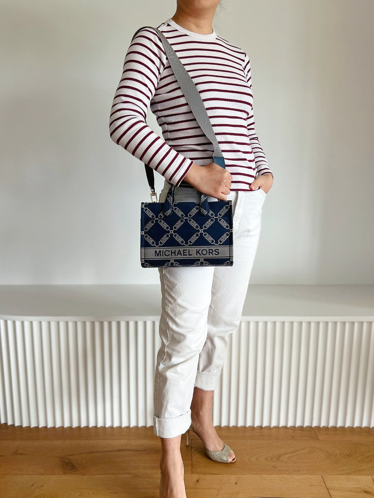 Michael Kors Navy Denim MK Pattern Book Tote 2 Way Shoulder Bag Like New