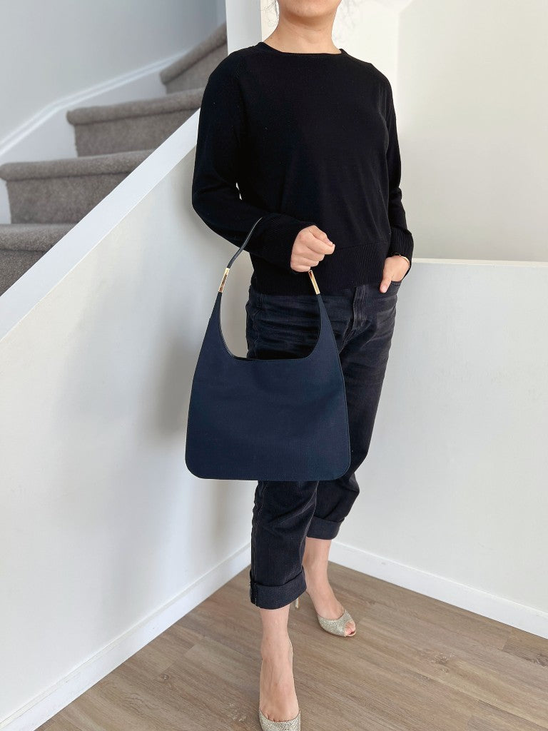 Gucci Dark Navy Canvas Gold Detail Shoulder Bag Excellent