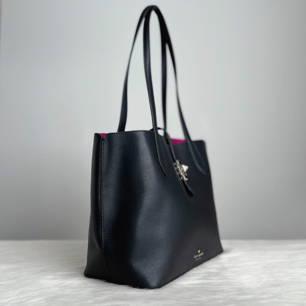Kate Spade Black Leather Front Flower Turn Lock Shopper Shoulder Bag Like New