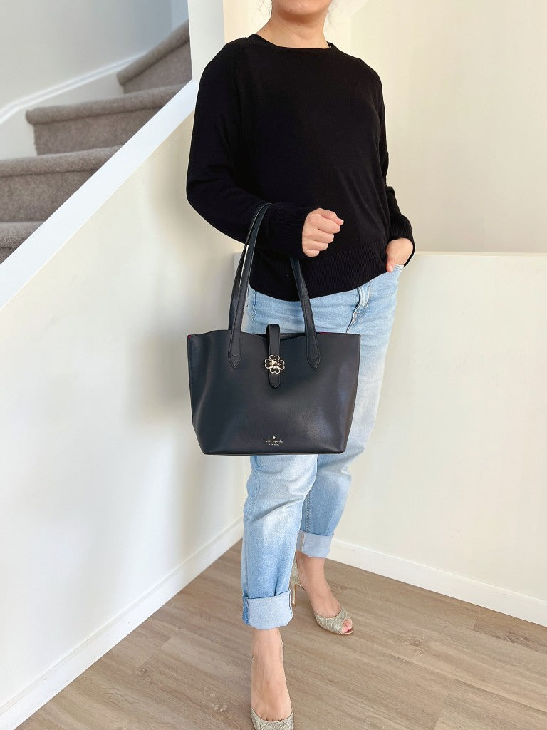Kate Spade Black Leather Front Flower Turn Lock Shopper Shoulder Bag Like New