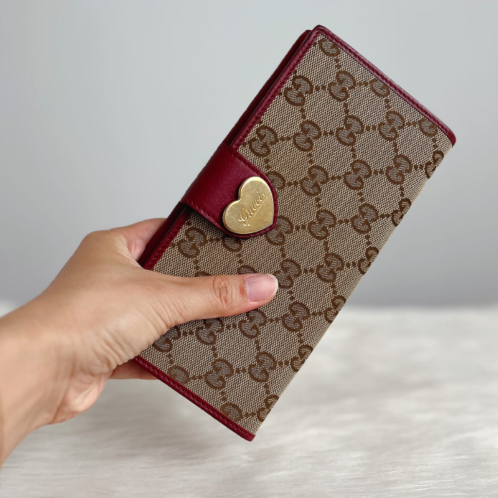 Gucci Red Leather Signature Monogram Long Wallet