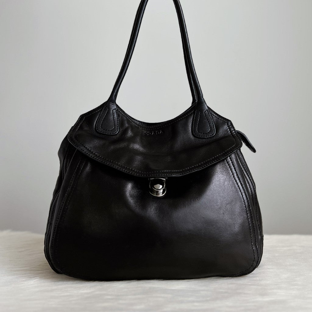 Prada Black Leather Front Pocket Shoulder Bag