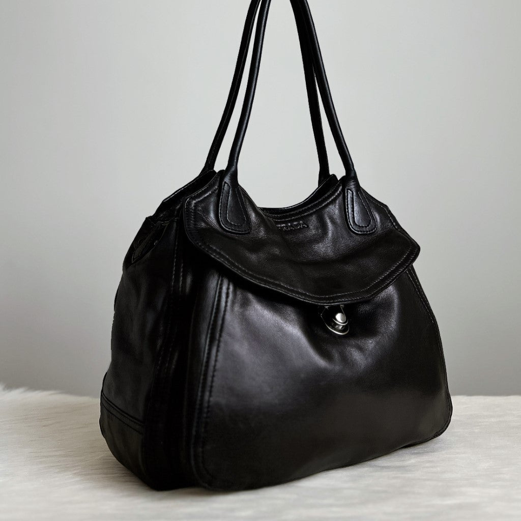 Prada Black Leather Front Pocket Shoulder Bag