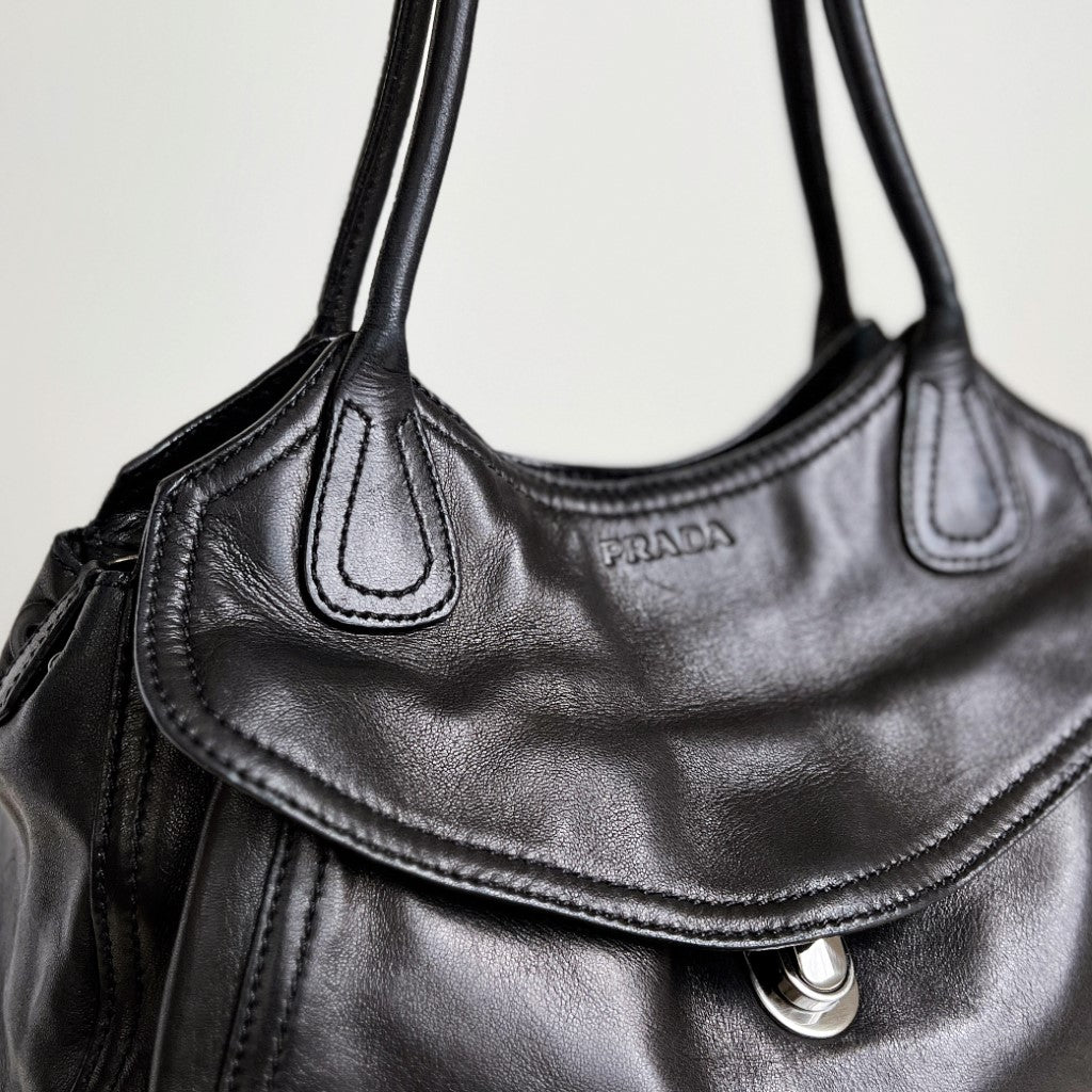 Prada Black Leather Front Pocket Shoulder Bag