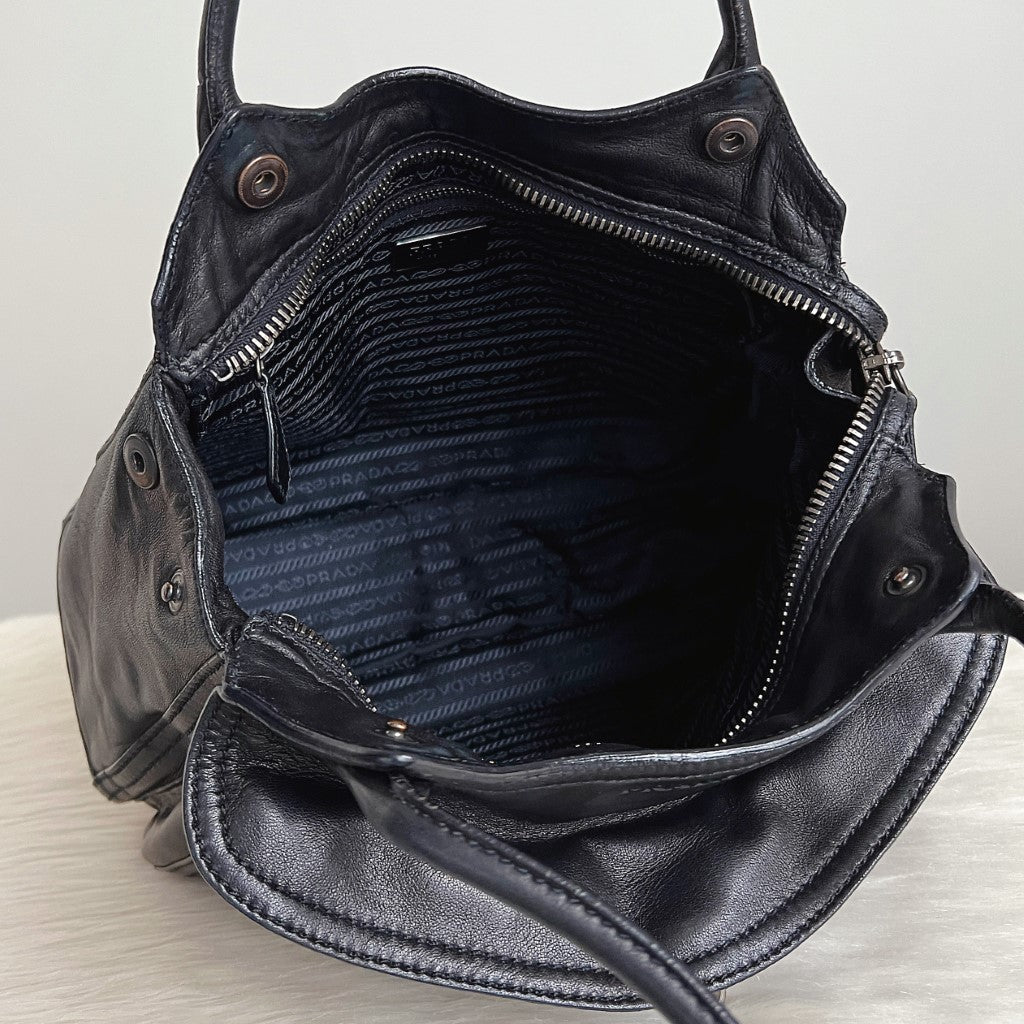 Prada Black Leather Front Pocket Shoulder Bag