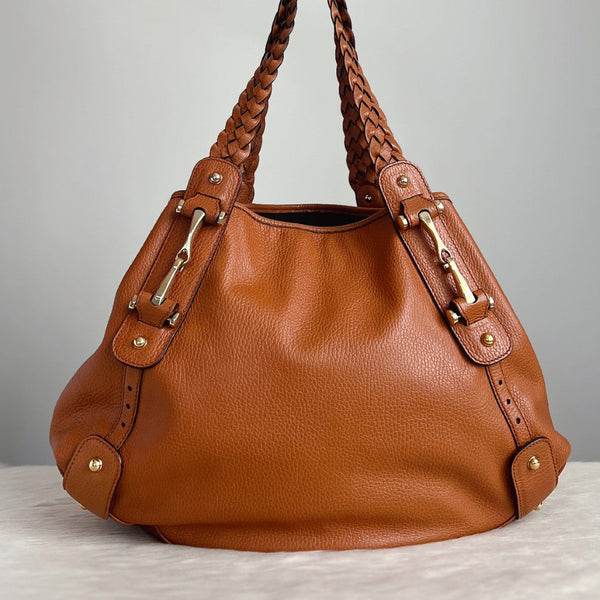 Gucci Caramel Leather Carryall Plated Strap Shoulder Bag Excellent