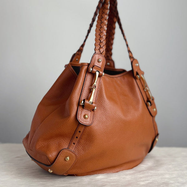 Gucci Caramel Leather Carryall Plated Strap Shoulder Bag Excellent
